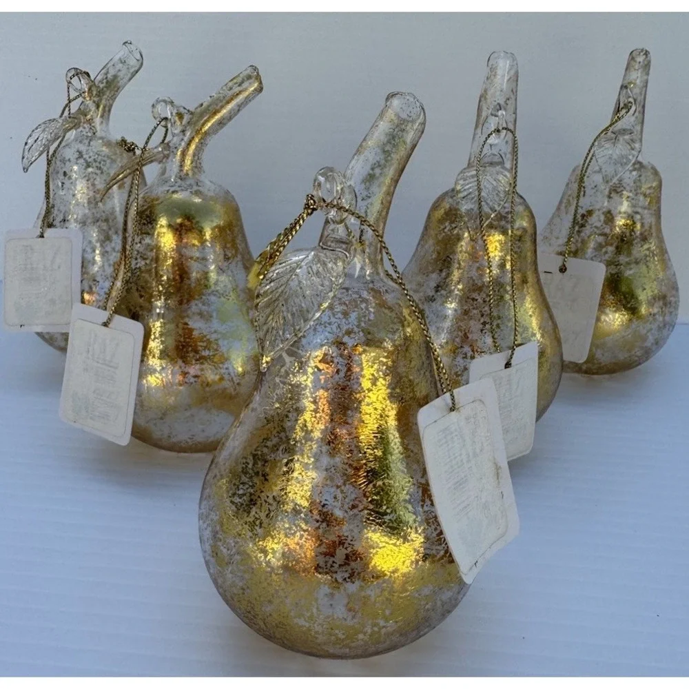 RAZ Imports Gold Glass Pear Ornaments Lot of 6 Mercury Finish Holiday Decoration